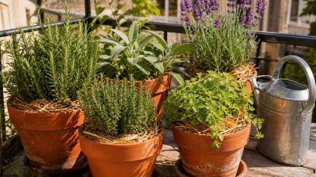 Pots de romarin, thym, sauge et lavande sur une terrasse ensoleillée