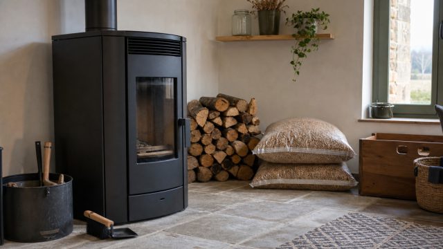 Poêle à granulés et réserve de bois dans une pièce de maison