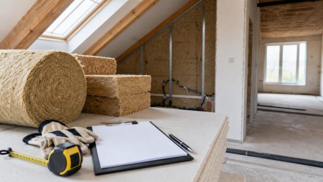 Chantier de rénovation énergétique avec isolation en laine minérale dans les combles
