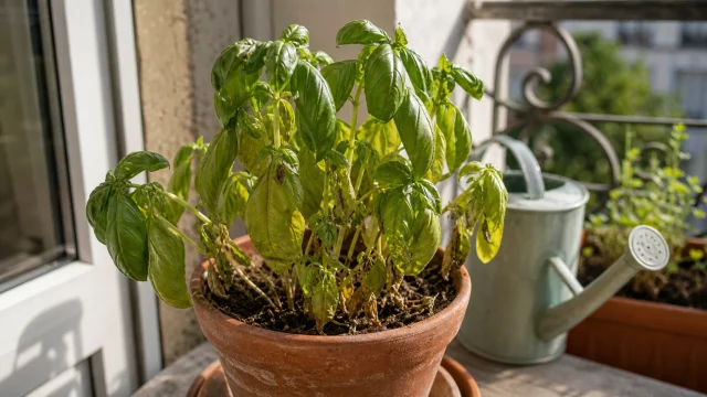 Basilic en pot affaibli sur un balcon ensoleillé