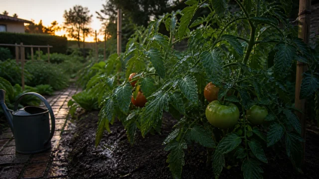 Plants de tomates humides après un arrosage du soir