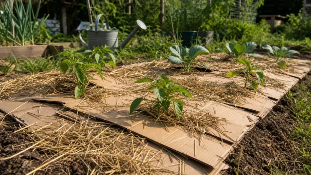 Carton brun utilisé comme paillage autour de jeunes plants au potager