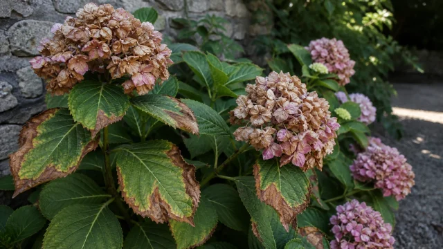 Hortensia avec feuilles brunies après un fort soleil