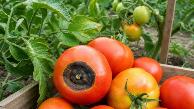 Tomate atteinte de cul noir dans une cagette au potager