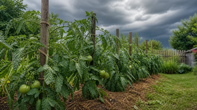 Rang de tomates au potager sous un ciel d’orage d’été