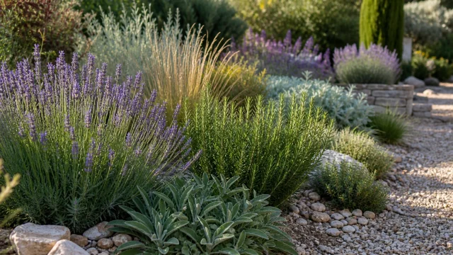 Jardin sec avec lavande sauge et plantes sobres en arrosage