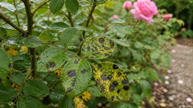 Feuilles de rosier avec taches noires après la pluie