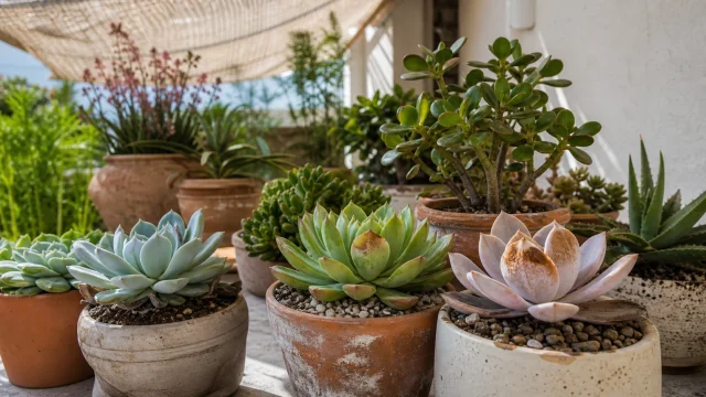 Succulentes en pots placées à l’ombre légère en été