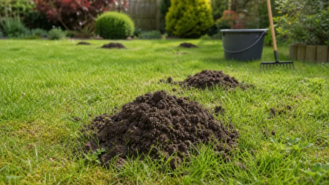 Taupinières fraîches dans une pelouse de jardin