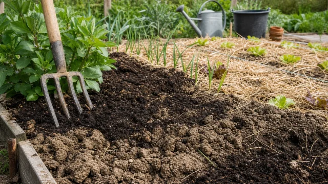 Sol argileux au potager avec compost en surface et paillage