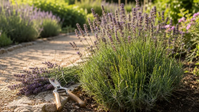 Lavande après floraison avec sécateur posé près des tiges