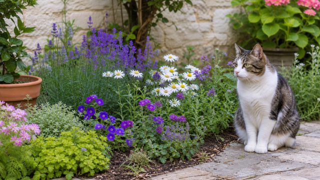 Chat assis près de fleurs de jardin dans un massif extérieur.