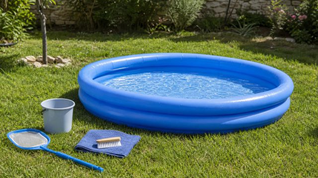 Piscine gonflable bleue dans un jardin avec accessoires de nettoyage.